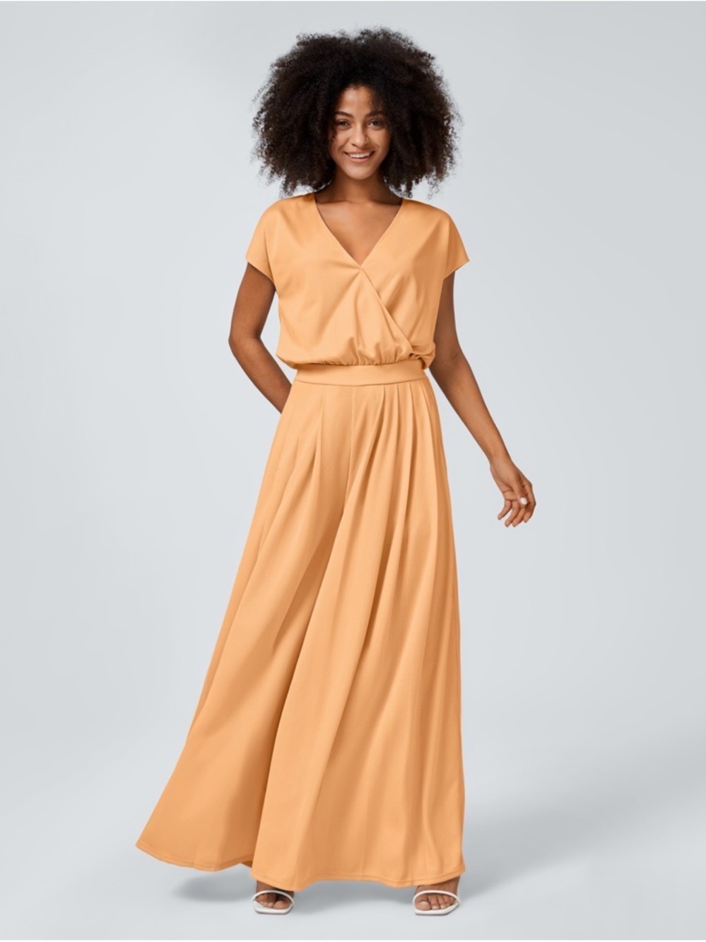HALARA L V-Neck short sleeve waffle knit wide leg peach jumpsuit comfort casual